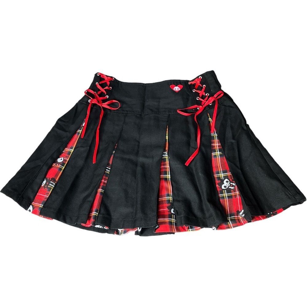 Hot Topic Skelanimals Plaid Contrast Pleated Unicorn Skull Skirt Black Red Small